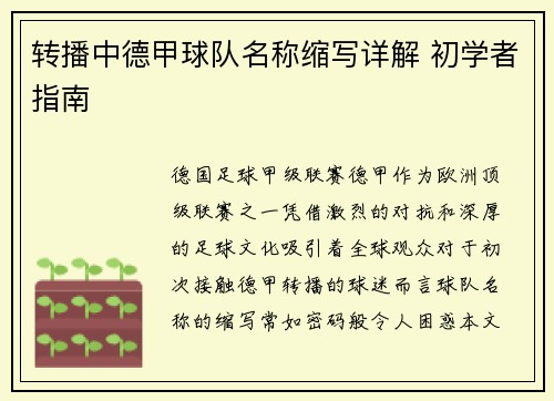 转播中德甲球队名称缩写详解 初学者指南
