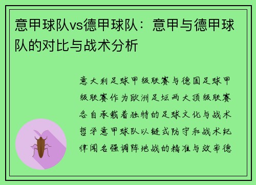 意甲球队vs德甲球队：意甲与德甲球队的对比与战术分析