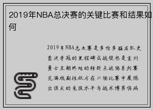 2019年NBA总决赛的关键比赛和结果如何